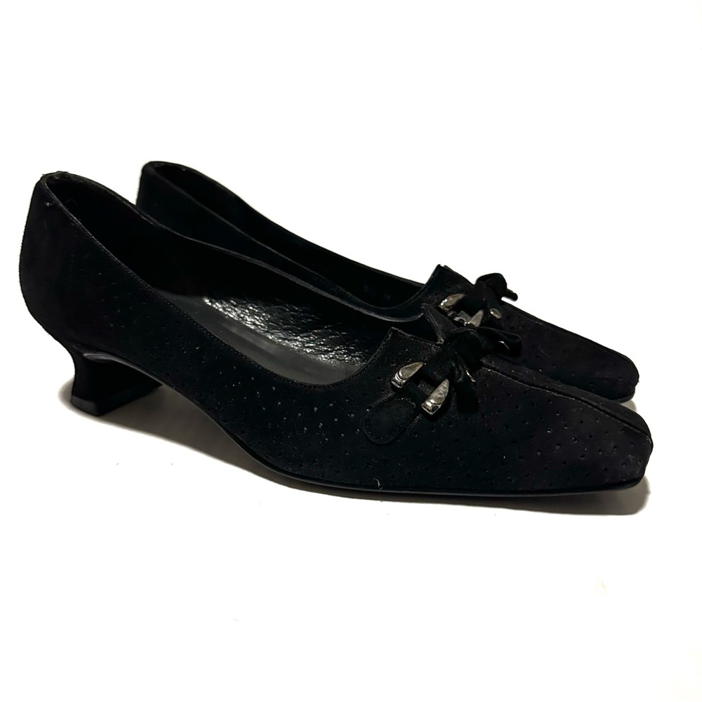 Stuart Weitzman Black Perforated Suede Kitten Heel Shoe